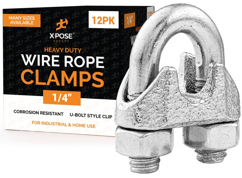 xpose safety Wire Rope Clamp for Stainless Steel Wire Rope - 1/4" Galvanized U Bolt Style Cable Clips - for Guy Line, Metal Fence, Antenna, Clothesline, Rigging Hardware, Batting Cage - by Xpose Safety Pack of 12 - Image 1